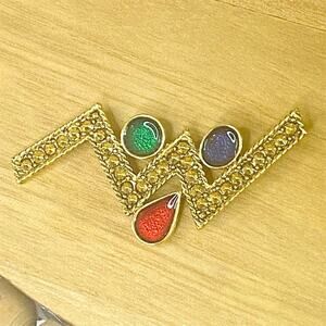 Vtg 90s Gold Tone Zig Zag Brooch Multicolor Enamel Cabochon Embellishments